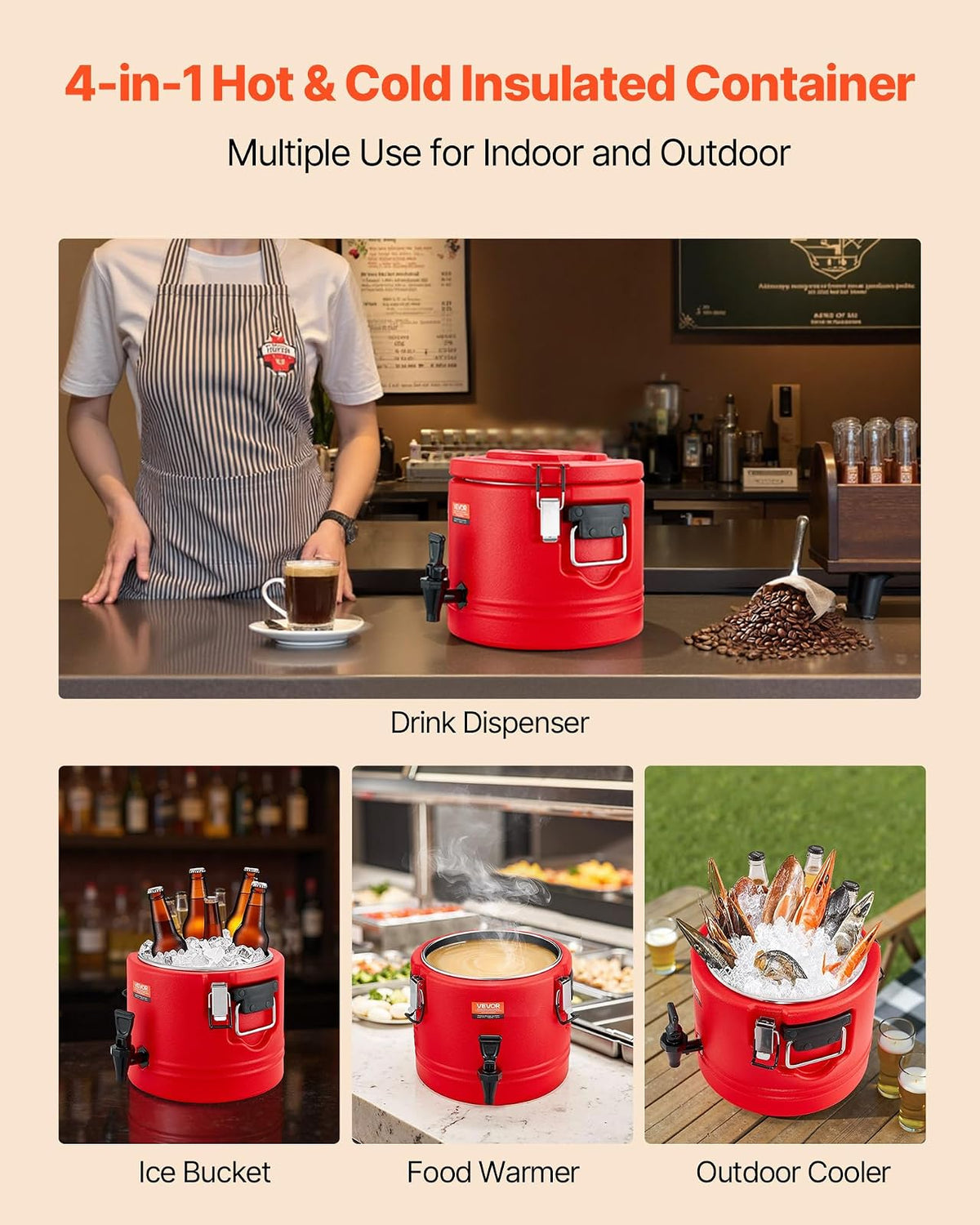 VEVOR Dispensador de bebidas aislado, 2.2 gal / 8 l. | Jarra enfriadora para té, café, restaurante, para servir bebidas frías y calientes al aire libre, con grifo.