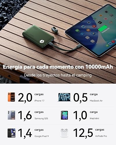 INIU Power Bank, 40% Más Pequeño 10000mAh 45W Carga Rápida Batería Portátil | Cable USB C Desmontable, Apto para Avión, Esenciales de Viaje, Bateria Portatil para iPhone 17 Samsung Xiaomi etc. [Verde]