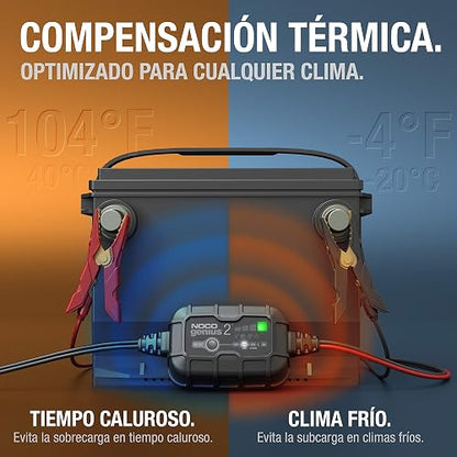 NOCO GENIUS2: Cargador de batería Inteligente 6V/12V 2A – Mantenedor automático, Cargador Lento y desulfatador con protección contra sobrecarga y compensación térmica – para baterías Plomo y Litio