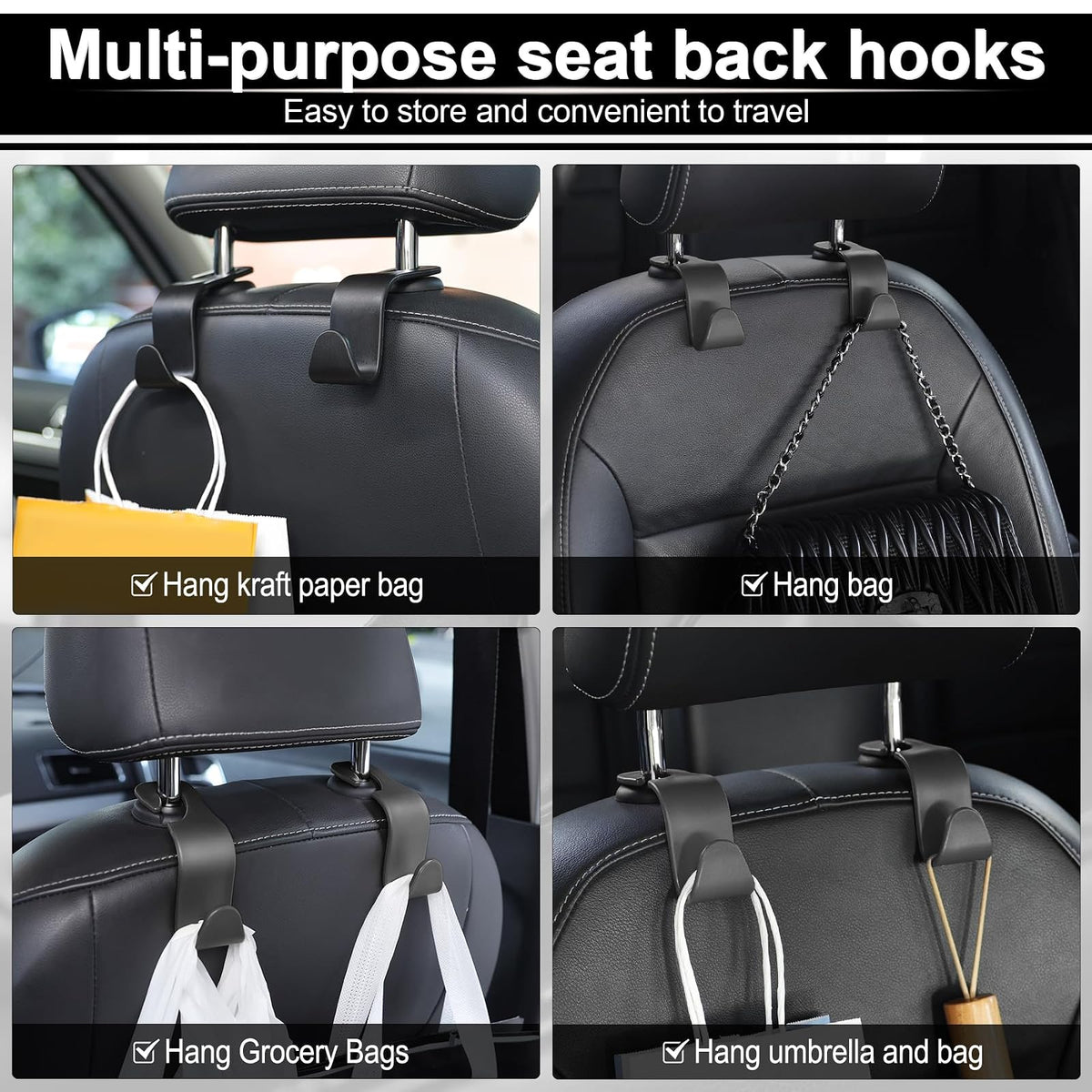 LivTee - Ganchos para los reposacabezas del asiento del coche, de color negro, para bolsos, ropa, abrigos o bolsas de la compra, juego de 4