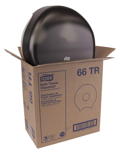Tork 66TR Jumbo Bath Tissue Roll Dispenser, 9 inch, Plastic, 12" Height x 10.63" Width x 5.75" Depth, Smoke (Case of 1) For use with Tork TJ0912A, TJ0921A, TJ0922A, TJ0924