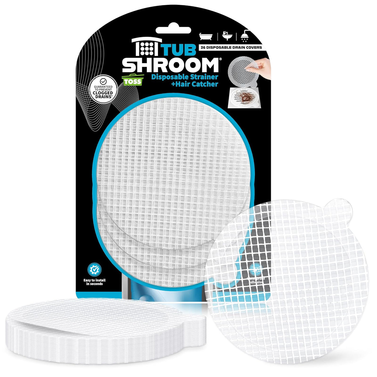 TubShroom Toss - Juego de 26 Fundas de Drenaje Desechables – Coladores de Malla para colector de Pelo para Ducha, Tina y desagües de Fregadero de baño para Evitar drenajes obstruidos, Suministro de
