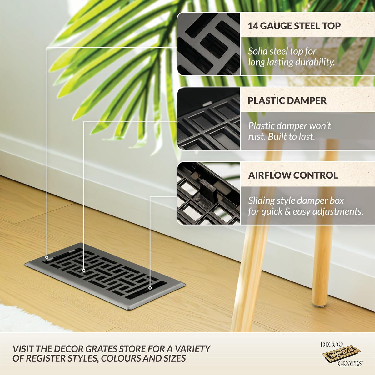 Decor Grates AJH412-GM - Registro oriental de piso, 4 x 12 pulgadas, pistola de metal, 1 paquete
