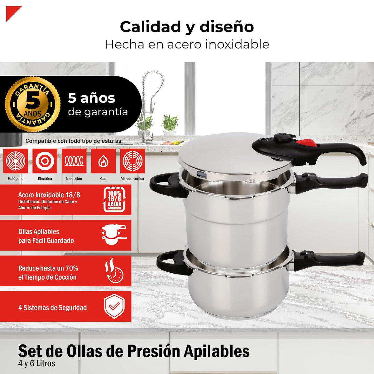 Bogner Set de ollas de presión fabricadas de acero inoxidable, Incluye 1 olla de 4 litros y otra de 6 litros, con accecorios (vaporera y tapa de cristal)