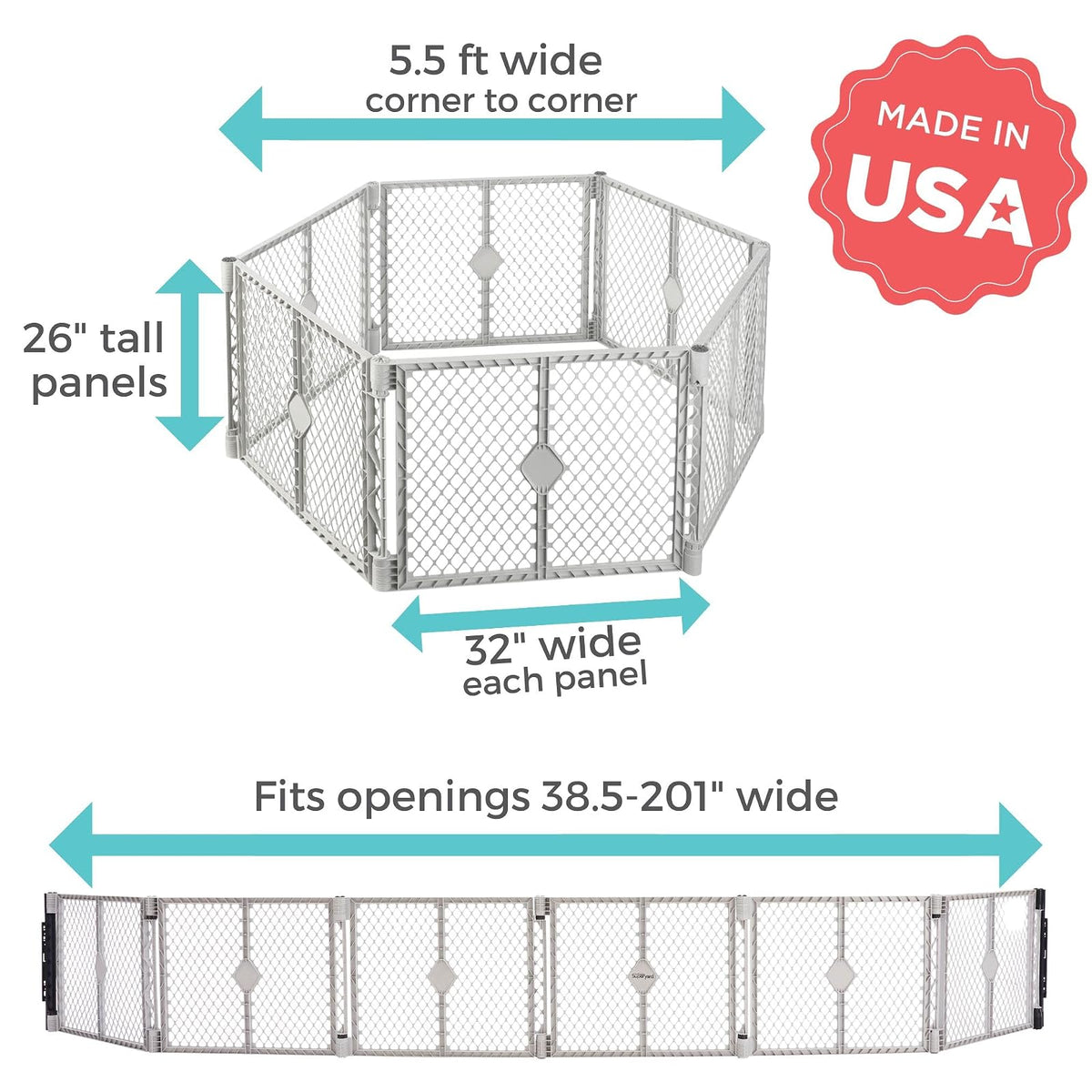 bebé eroo by North States – Superyard Duo Extra Wide Baby Gate & Play Yard: 6 paneles para bebé – Kit de montaje en pared – Fabricado en Estados Unidos – 38.5 a 201 pulgadas de ancho – 26 pulgadas de