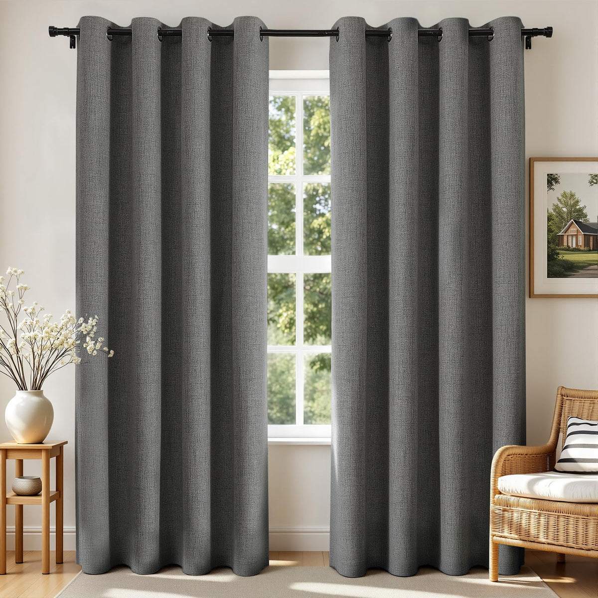 Joydeco Cortinas Opacas de Lino Sintético, 2 Paneles - Gris Oscuro - 132An x 228.5Al cm (1 Paneles)
