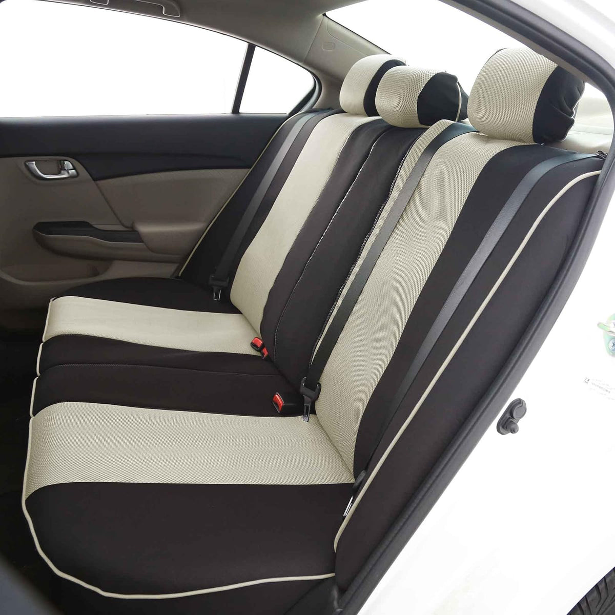 FH GROUP FH-FB063128 Three Row Cloth Car Seat Covers with Piping Airbag & Split Ready Beige/Black- Fit Most Car, Truck, SUV, or Van