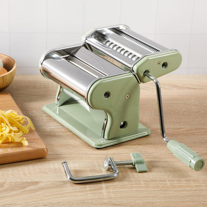 Sur La Table Kitchen Essential Va Bene - Máquina manual para hacer pasta de fideos con rodillos y cortadores, espaguetis, fettuccini, lasaña o bola de masa hervida, acero inoxidable/verde enebro
