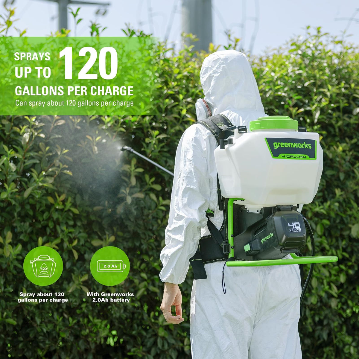 Greenworks Rociador inalámbrico de Mochila de 40 V (4 galones/5 puntas/25 pies) para desmalezar, rociar y Limpiar, Solo Herramienta