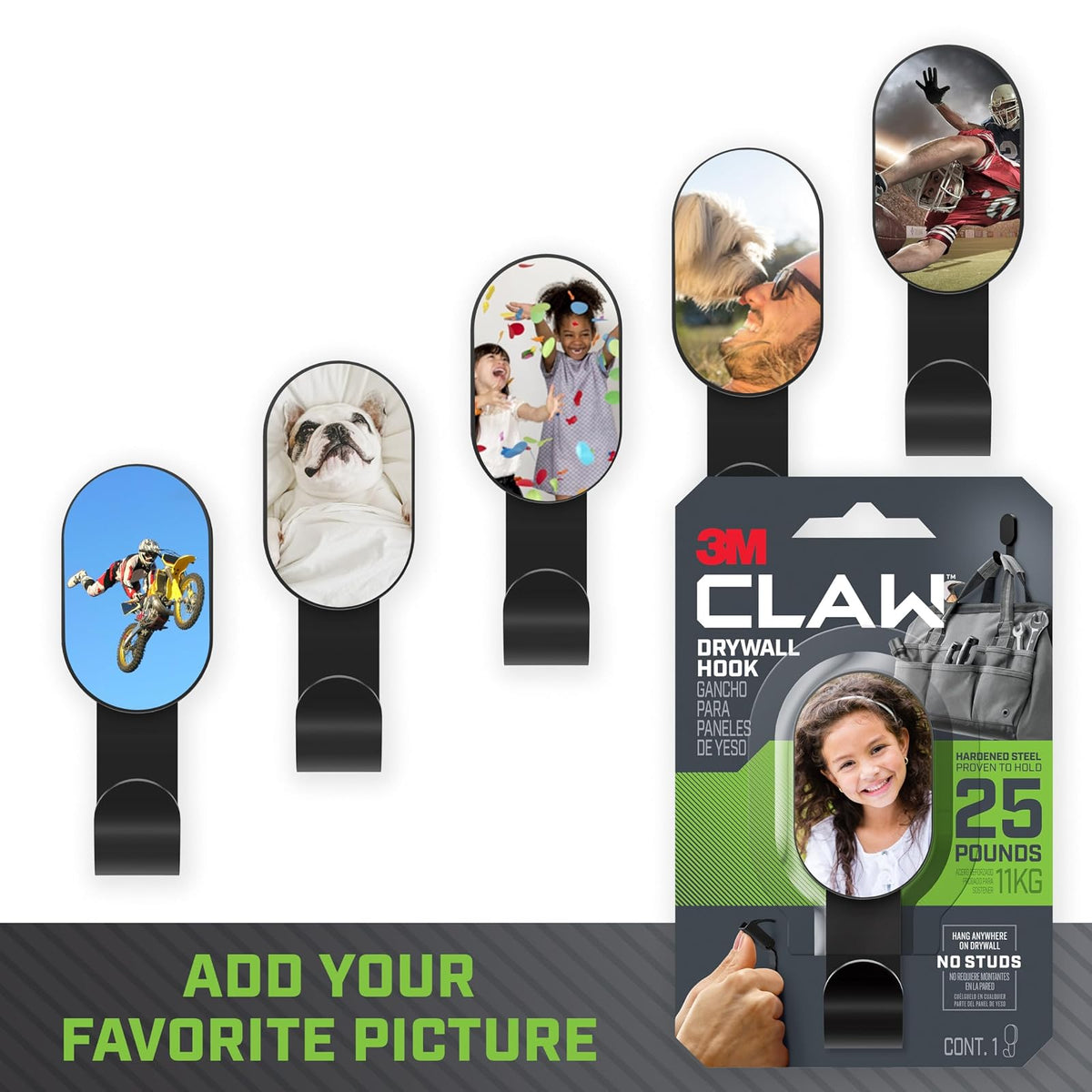 3M Claw - Ganchos para marco de fotos de 25 libras, paquete de 2, color negro, ganchos para personalizar sin herramientas, marco y plantilla incluidos