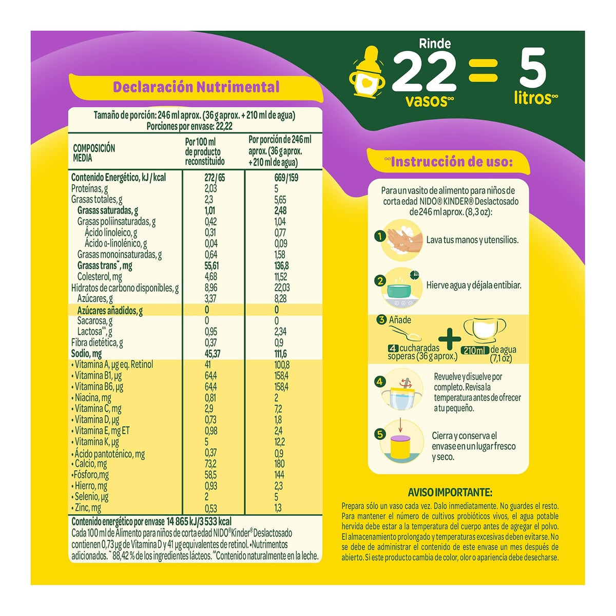 NIDO Kinder 1+ Deslactosado, Alimento Para Niños, De 1 a 3 Años, Lata 800 g