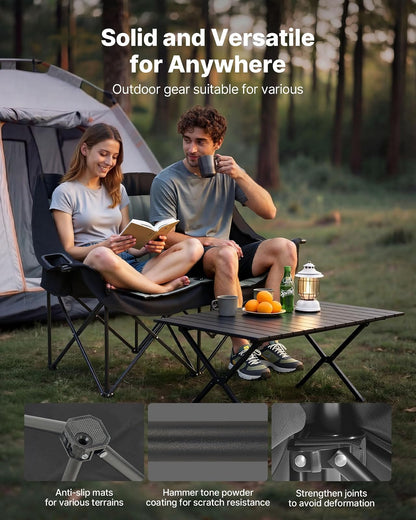 VEVOR Silla de Camping Plegable Doble, Capacidad Máxima de 300 kg con Respaldo Acolchado, Silla de Pesca de Tela Oxford 600D Portátil con Portavasos y Bolsillos para Exteriores Playa Jardín 2 Personas