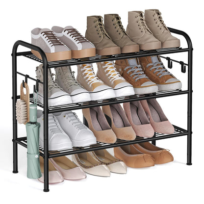 SONGMICS Zapatero, Organizador Zapatos de 3 Niveles, Estante Metálico, con 4 Ganchos, para 12 Pares, Altura Ajustable, Negro Tinta MLMR068B01 - 26.7 inches (W) x 11 inches (D) x 20.8 inches (H) - Black