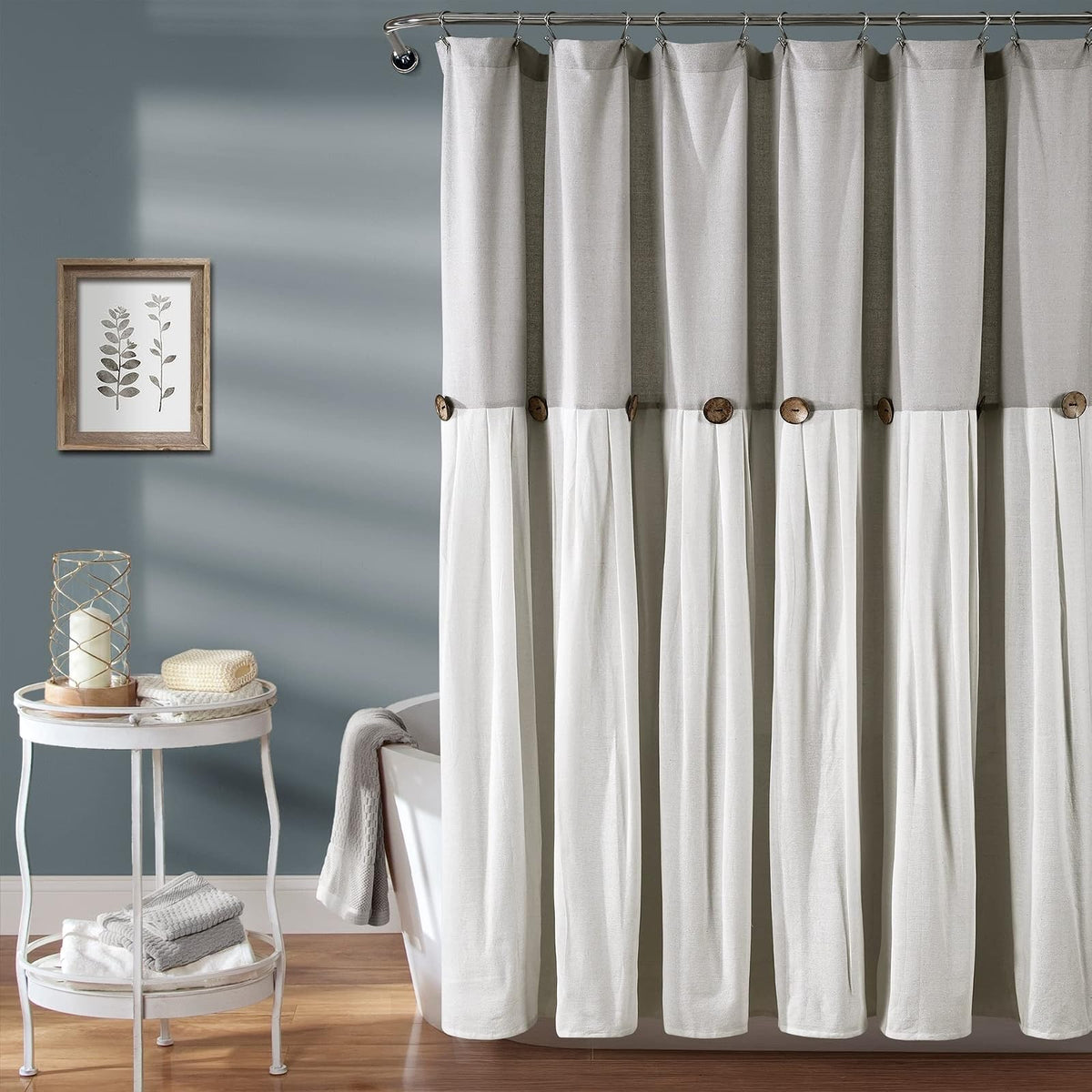 Lush Decor Linen Button Shower Curtain, 72 in x 78 in (Wide x Long), Gray & White - Gray & Off-white