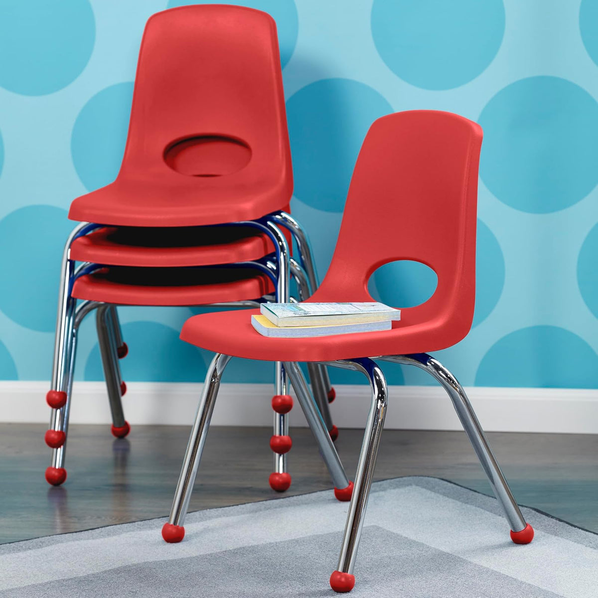 Factory Direct Partners FDP 14 Pulgadas, Asiento apilable para Estudiantes con Patas de Acero Chapado en Cromo y deslizamientos de Bola; para Aprendizaje en casa o Aula, Rojo (Paquete de 6), 10363-RD