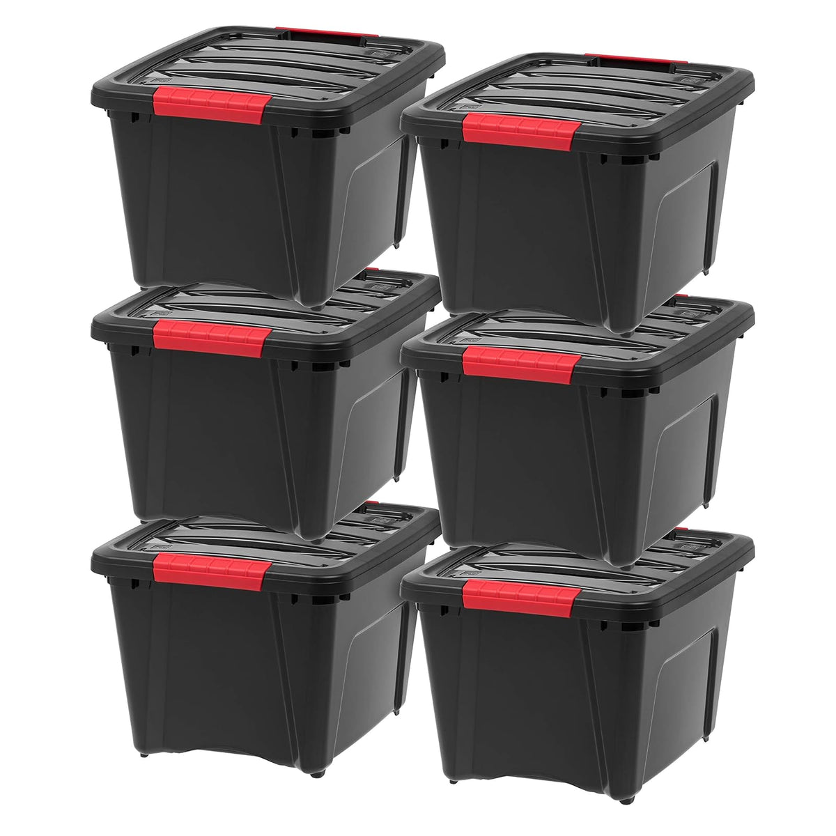 IRIS USA 6 Contenedores de 19 Qt con Tapa, Negro | Acabado negro que oculta el contenido. Ideal para ropa de cama, decoración y clóset. Diseño anidable. - 19 Qrt - 18 L. - Paquete de 6