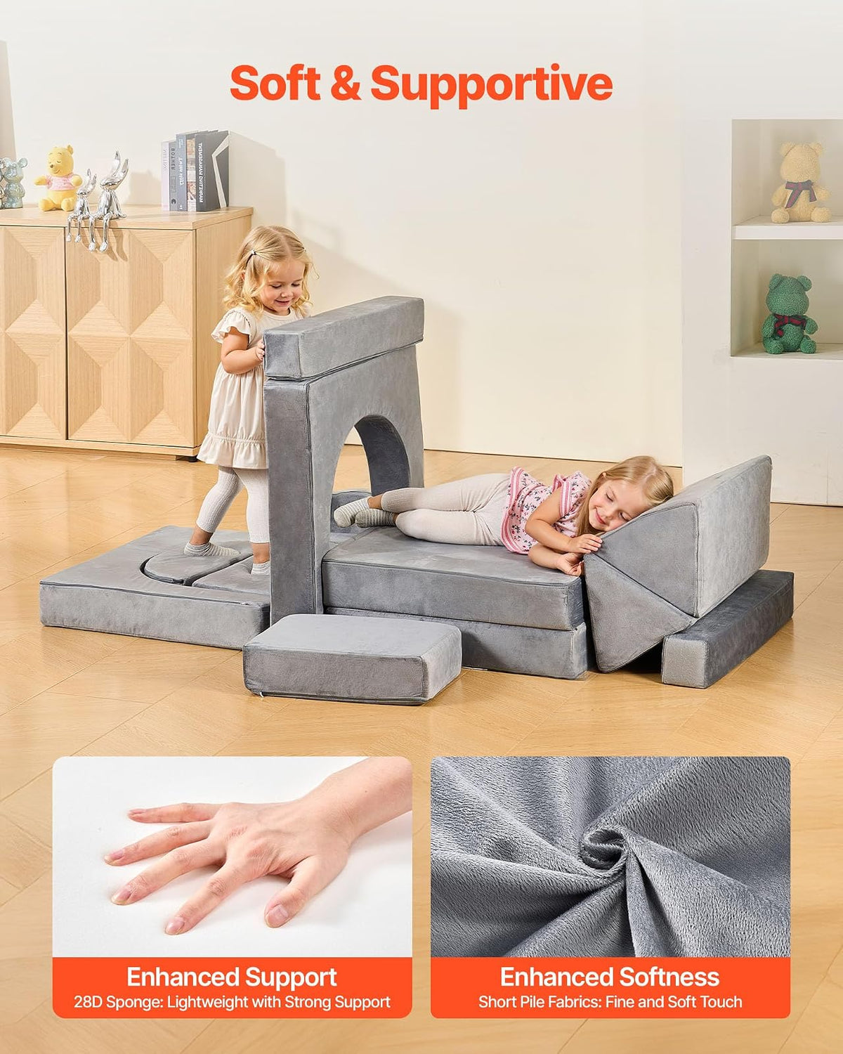 VEVOR Sofá Modular para Niños, Sofá Convertible Seccional de Esponja 28D y Pelo Corto con Reposabrazos, Combinación Creativa DIY para Sala de Juegos, Sala de Estar para Niños, 14 Piezas, Gris