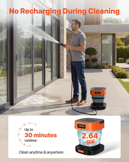 VEVOR Hidrolavadora portátil inalámbrica con Tanque de 2.64 galones, Plegable, 109 PSI máx., 0.79 GPM máx., 3 boquillas, Manguera Flexible de 78.7 Pulgadas, Carga Tipo C, para Limpieza de