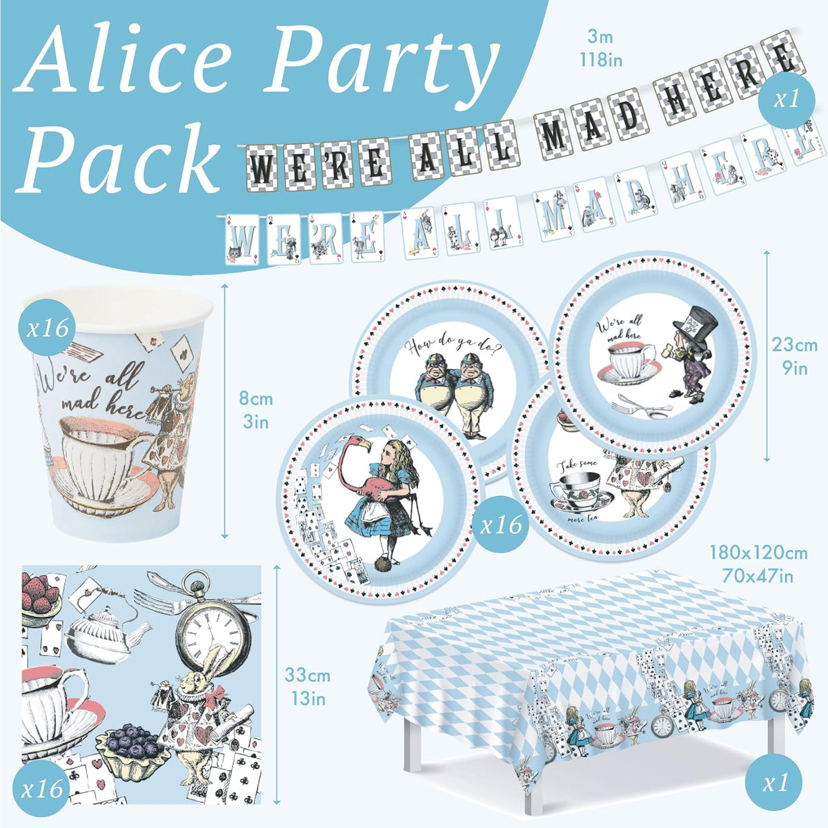 Talking Tables Decoración de Fiesta Alicia en el País de las Maravillas | Para 16 invitados, , platos, servilletas, tazas, mantel