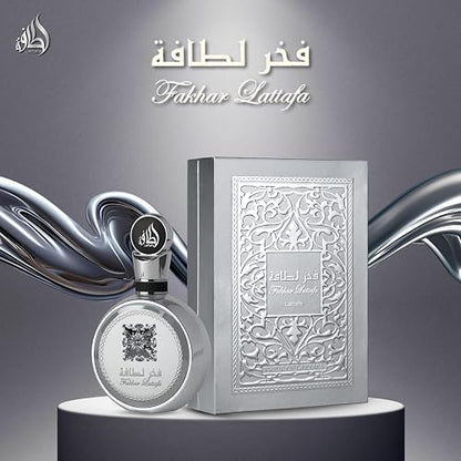 Lattafa Fakhar Platin – Citrus, Spicy, Aromatic, Woody – Eau de Parfum Spray Long-Lasting Fragrance for Unisex, 3.4 Ounce / 100 ml
