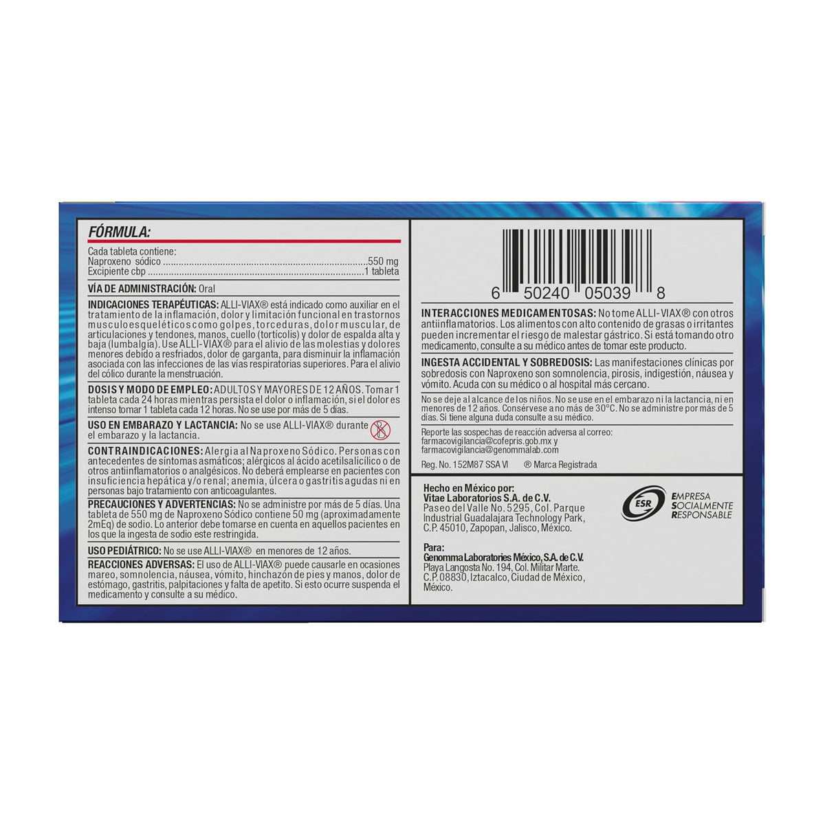 ALLIVIAX - Alivia varios tipos de dolor hasta por 12 horas, con Naproxeno Sódico 550mg. Caja con 20 tabletas.