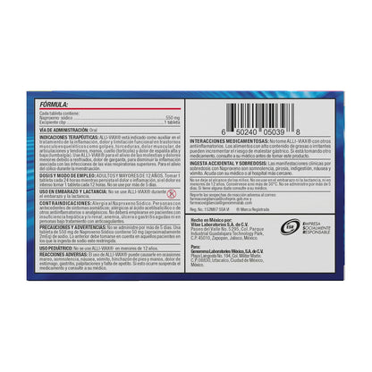 ALLIVIAX - Alivia varios tipos de dolor hasta por 12 horas, con Naproxeno Sódico 550mg. Caja con 20 tabletas.