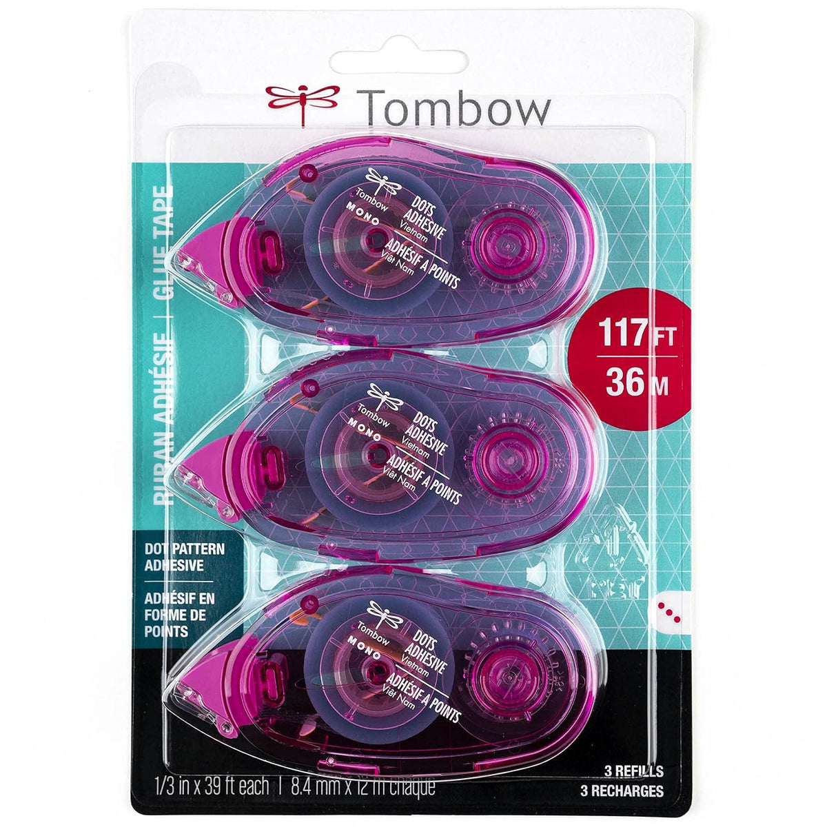 Tombow 62149 Recambios de aplicador de puntos adhesivos overol, paquete de 3, fácil de rellenar para una aplicación suave, multicolor, paquete económico