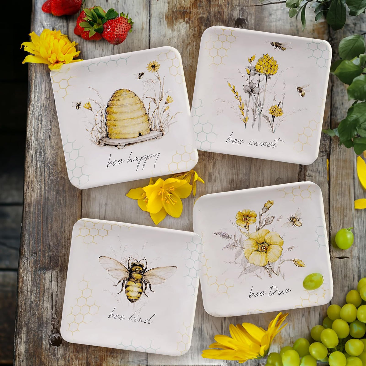 Bee Sweet - Platos de canapé y almuerzo de 6 pulgadas, juego de 4 diseños surtidos de abejas y florales con refranes edificantes, platos de aperitivo de cerámica duraderos para entretenimiento de