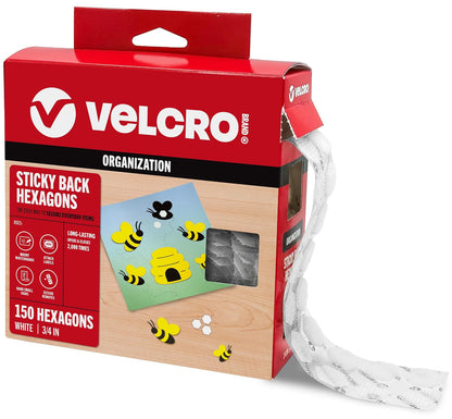 Hexágonos adhesivos de la marca VELCRO, 150 puntos con forma adhesiva inspirada en la naturaleza, blanco 3/4 pulgadas, organización de despegar y pegar para oficina, aula, hogar