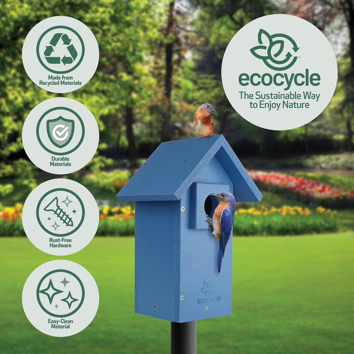 EcoCycle Bluebird Bungalow - Casa de pájaros de plástico Reciclado con Protector depredador y Puerta de Limpieza, casa de pájaros Salvajes y decoración al Aire última intervensión, Azul