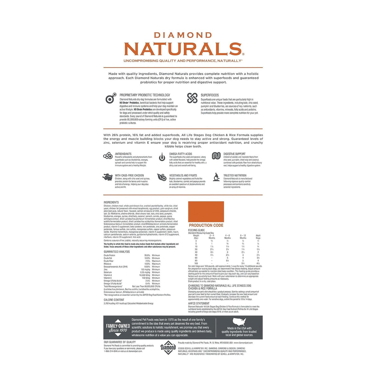Diamond Naturals Alimento Seco para Perros Adultos con Fórmula de Pollo y Arroz - 1 bolsa x 40 Lb