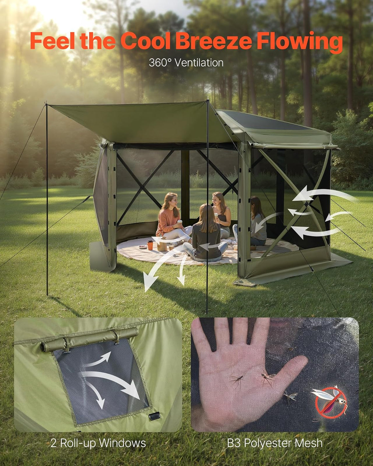 VEVOR Carpa Plegable de 6 Lados 3,6 x 3,6 m, Pérgola de Jardín con Techo Desmontable y Bolsa de Transporte, Carpa de Exterior para 8 a 10 Personas, para Fiesta, Camping, Playa, Patio, Jardín, Verde