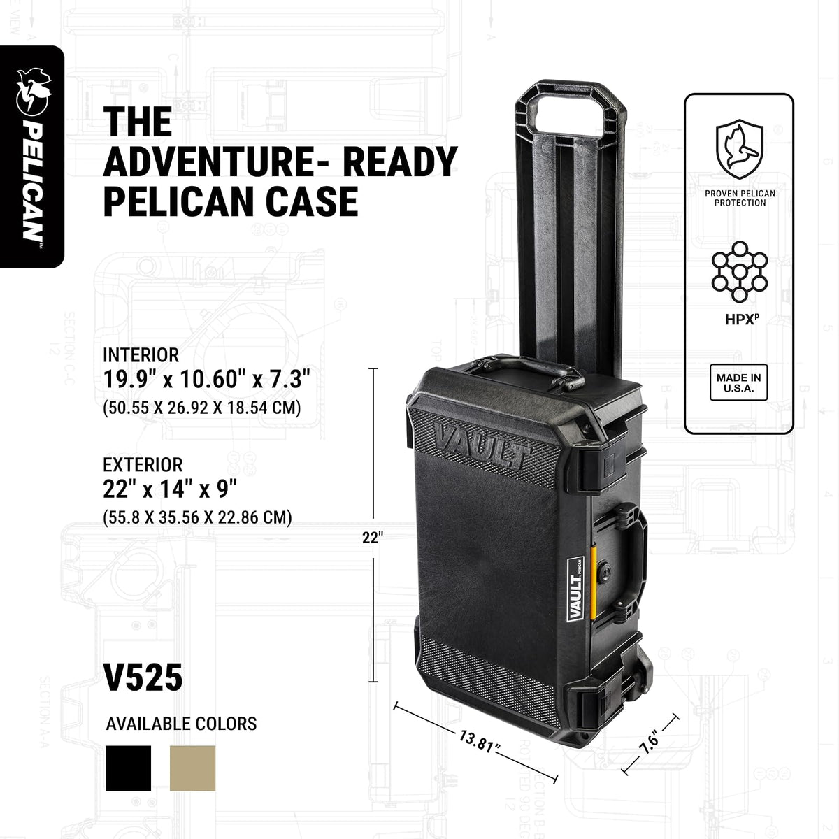 Pelican Vault - v525 - Funda rígida con espuma para cámara, drone, equipo, electrónica, engranaje y más (bronceado)