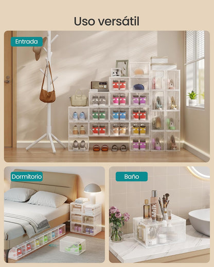 SONGMICS Cajas de Zapatos de Plástico, 6 Piezas con Puerta Magnética, Apilables y Conectables, 36x26x19 cm MLSP806WH01