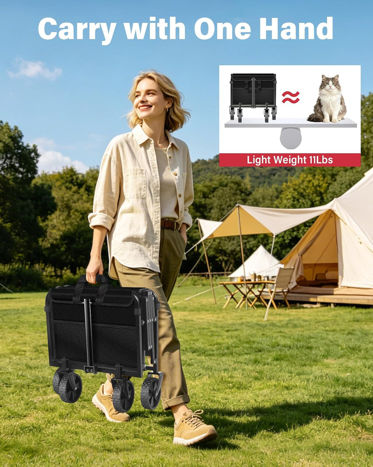 Carro Plegable, Carro Plegable con Ruedas Todo Terreno y 2 portavasos, carros Plegables Ligeros y portátiles para Playa, Camping, comestibles, jardín Deportivo, 360 Libras/Negro