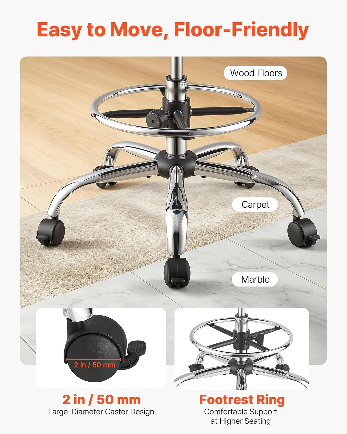 VEVOR Taburete Giratorio de Trabajo, Taburete con Ruedas Respaldo y Reposapiés, Altura Ajustable de 54-70 cm, Soporta 226,8 kg, Asiento Ergonómico Acolchado y Tapizado, para Oficina Clínica, Azul