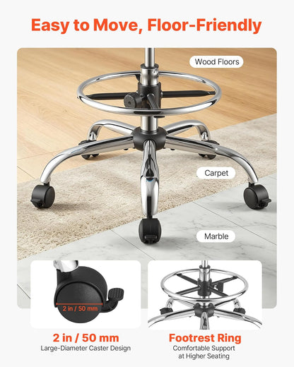 VEVOR Taburete Giratorio de Trabajo, Taburete con Ruedas Respaldo y Reposapiés, Altura Ajustable de 54-70 cm, Soporta 226,8 kg, Asiento Ergonómico Acolchado y Tapizado, para Oficina Clínica, Azul