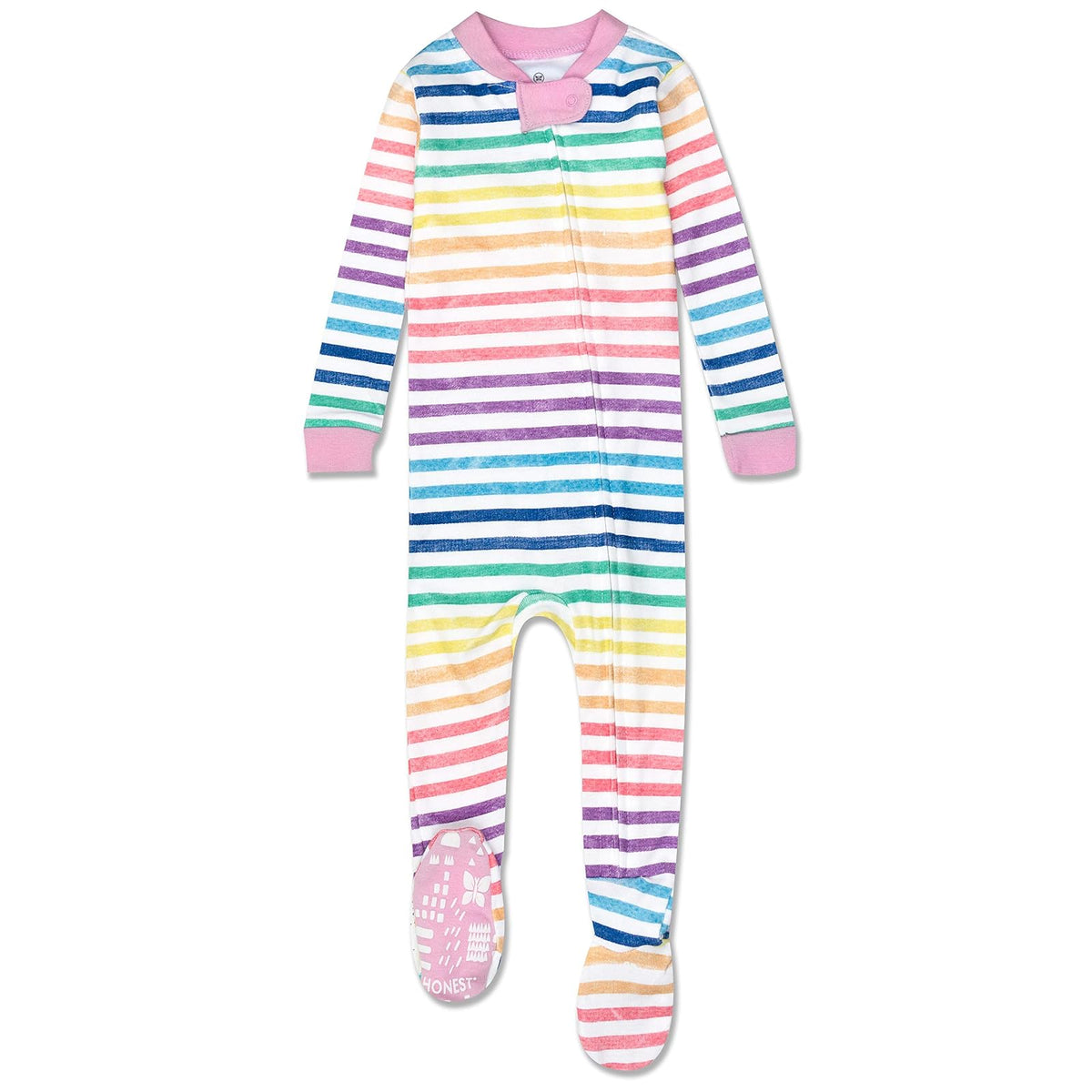 HonestBaby Pijama de algodón orgánico Ajustado con pies Mamelucos para bebés y niños pequeños para bebés niñas - Raya arcoíris - 18 Meses