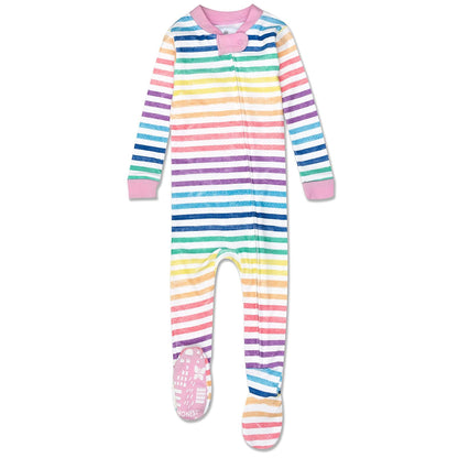 HonestBaby Pijama de algodón orgánico Ajustado con pies Mamelucos para bebés y niños pequeños para bebés niñas - Raya arcoíris - 18 Meses