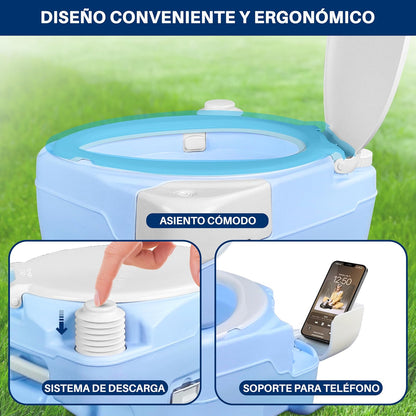 SereneLife Inodoro Portátil de 20 Litros para Camping, 120 Descargas con Embudo de Plástico, Pulverizador de Mano, Asiento Diagonal y Soporte Móvil, Inodoro Portátil para Camping, Senderismo y Viajes