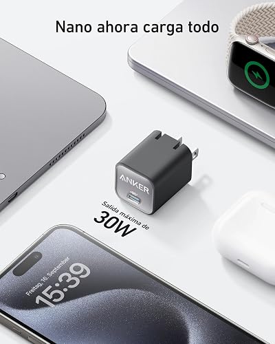 Anker Nano Cargador USB C, 30W PIQ 3.0 Cargador de Carga Rápida Plegable para iPhone 16/15 Series, Galaxy, iPad, Compatible con MagSafe