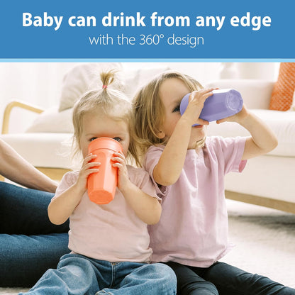 Dr. Brown's Milestones Cheers 360 Taza de transición sin boquillas, apto para viajes y sin fugas para bebés y niños pequeños, coral y morado, sin BPA, 10 onzas, 300 ml, 9 m+