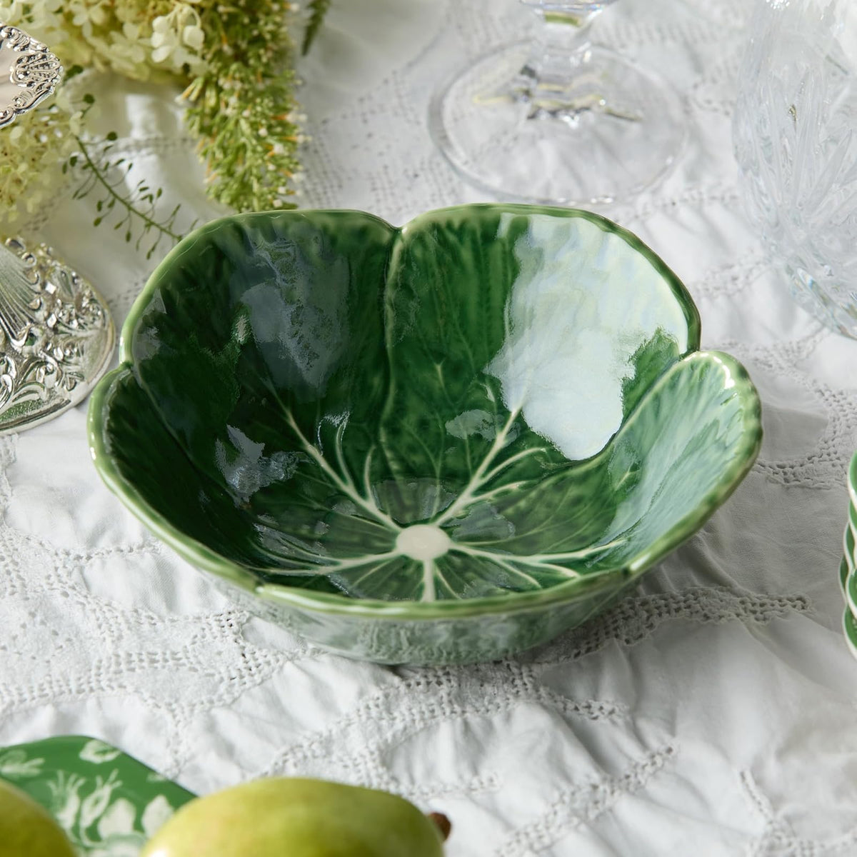 Le Jardin - Juego de 4 cuencos de cereales 3D de 7 pulgadas – tazón de hojas de gres verde esculpido – Cerámica inspirada en el jardín de temporada para desayuno, aperitivos y comidas diarias de