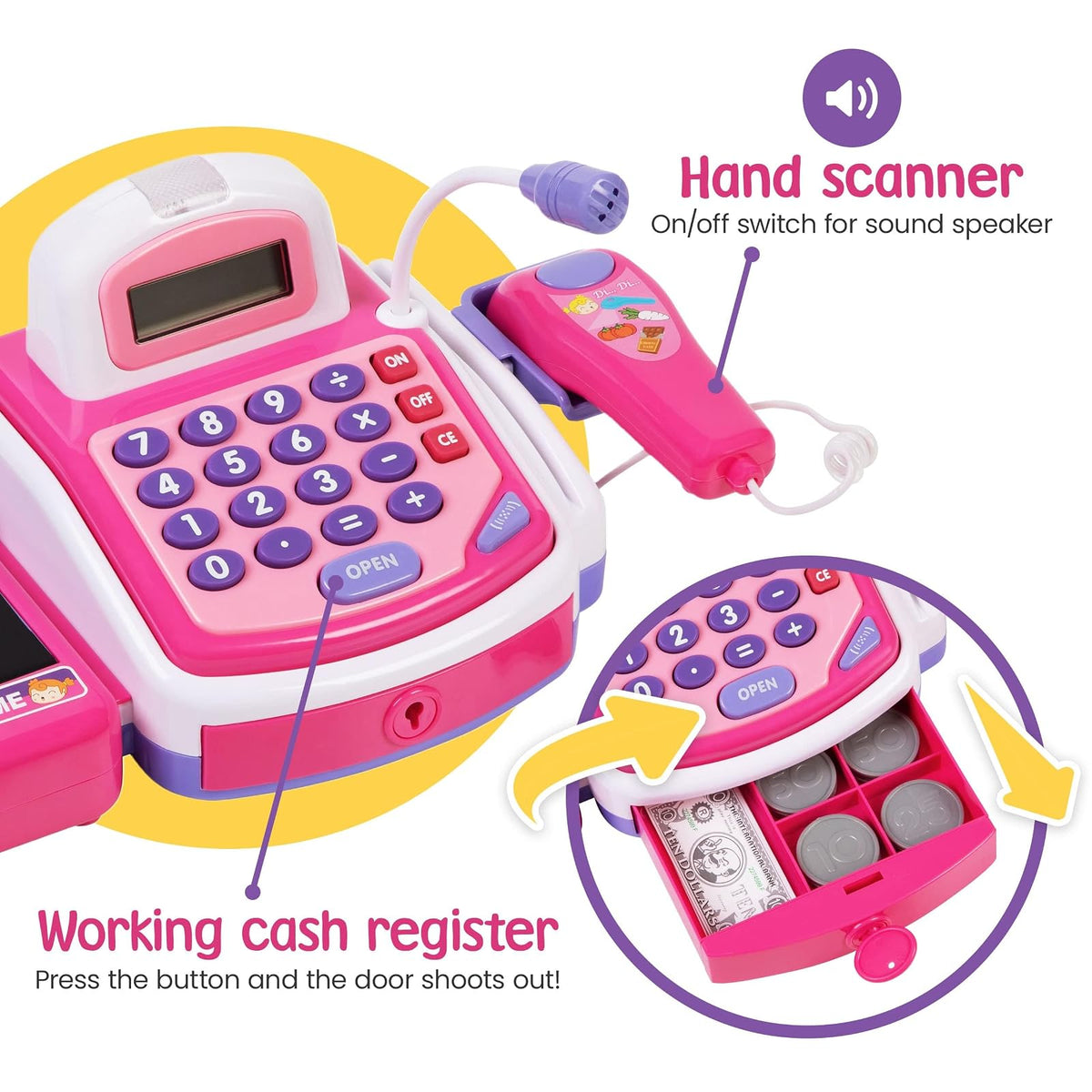 Prextex - Juguete Electrónico Pretend Play, Caja Registradora, Juguete Con Micrófono, Altavoz Y Dinero Ficticio Incluidos Para Niños