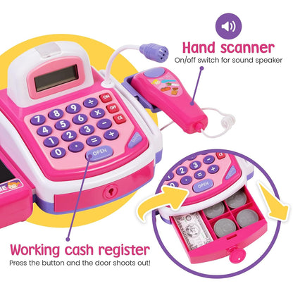 Prextex - Juguete Electrónico Pretend Play, Caja Registradora, Juguete Con Micrófono, Altavoz Y Dinero Ficticio Incluidos Para Niños