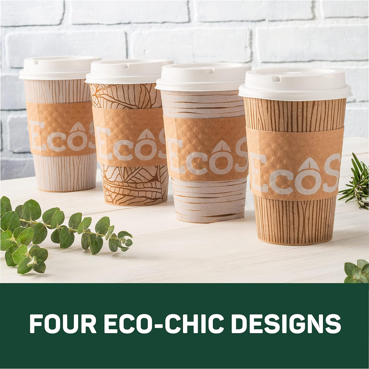 EcoSmart® - Vasos de papel de fibra 100% reciclada, tazas de café desechables de 16 onzas con tapas y mangas, 96 tazas ecológicas (6 paquetes combinados de 16 tazas, tapas y fundas)