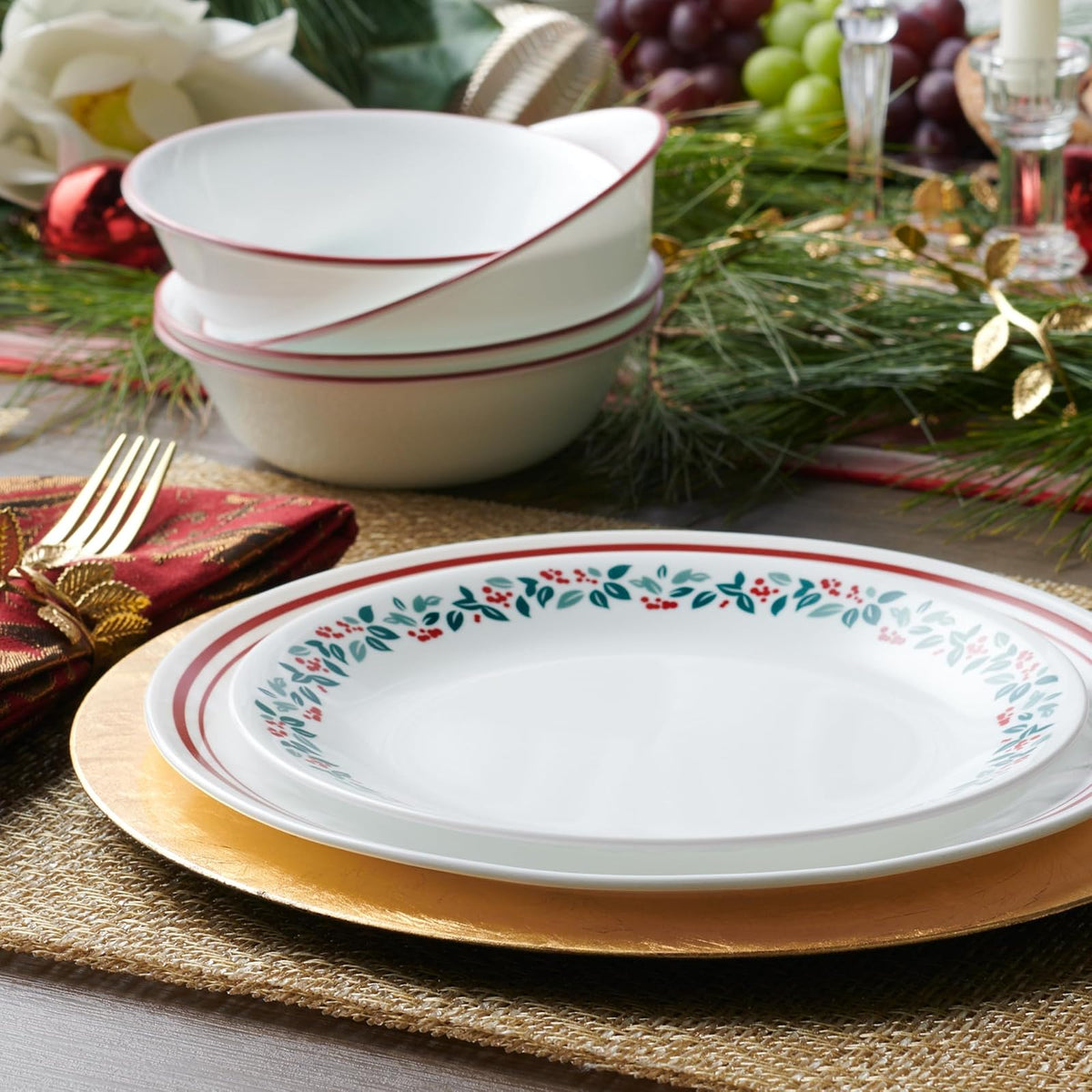Corelle Vitrelle juego de vajilla de 18 piezas, servicio para 6, Logan, vidrio de triple capa resistente a astillados y golpes, juego de platos y tazones redondos livianos