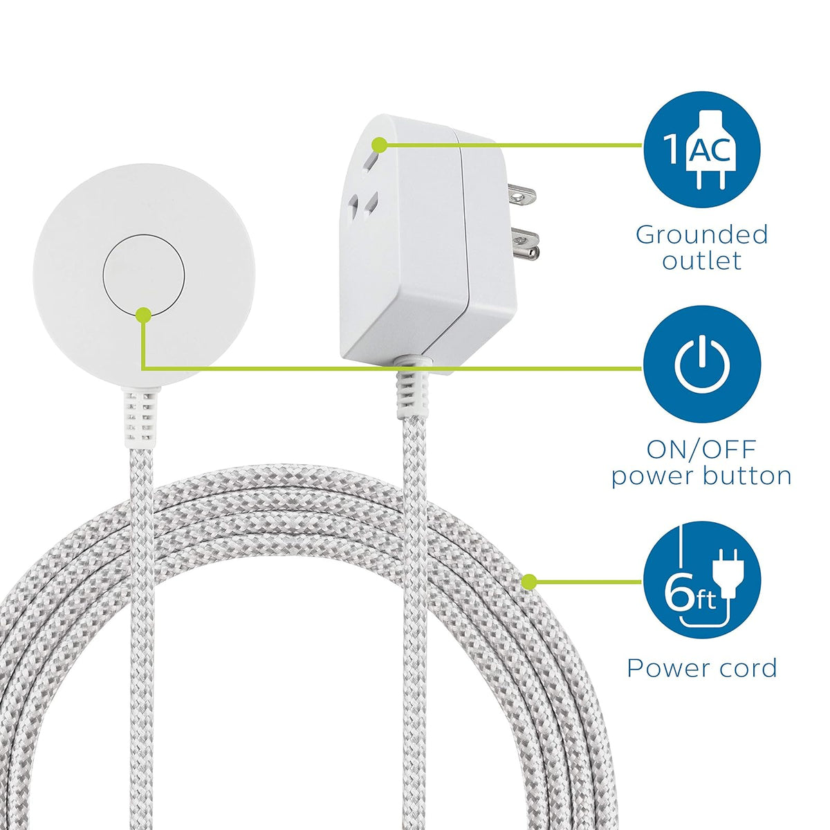 Philips SPS1611WA/37 - Enchufe de conexión a tierra con cable trenzado, cable de alimentación de 6 pies de largo, interruptor de encendido/apagado, para montaje en mesa o pared, perfecto para