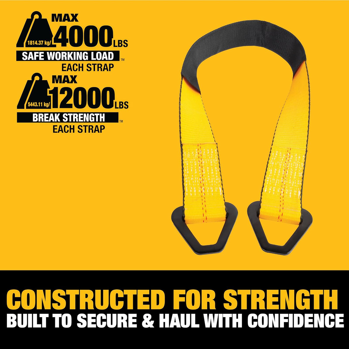 DEWALT - Correas de Amarre para Ejes, Resistencia a la Rotura de 5.4 Ton, elevadores de Soporte, para Camiones, remolques, ATV, UTV, DXBC80005, Paquete de 4, 5 x 96.5 cm, Negro y Amarillo