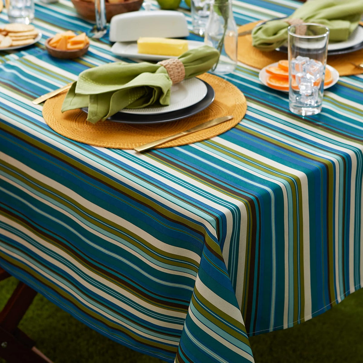 DII Summer Stripe - Colección de Mesa con Cierre para Exteriores, Multiusos, Lavable a máquina, Mantel Redondo de 60 Pulgadas, Playa